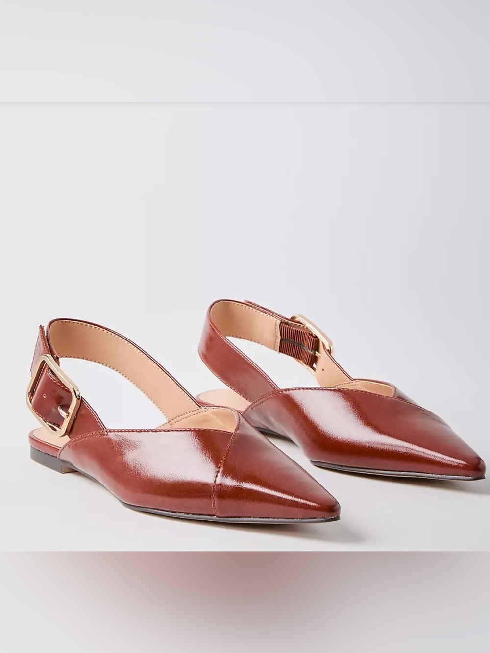 LOFT Pointed Slingback Flats in Cognac Brown with Gold Buckle